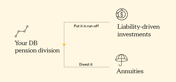 A DB pension plan fund can be de-risked in two ways. Put in a run off like a liability driven investment or diversified by purchasing annuities.